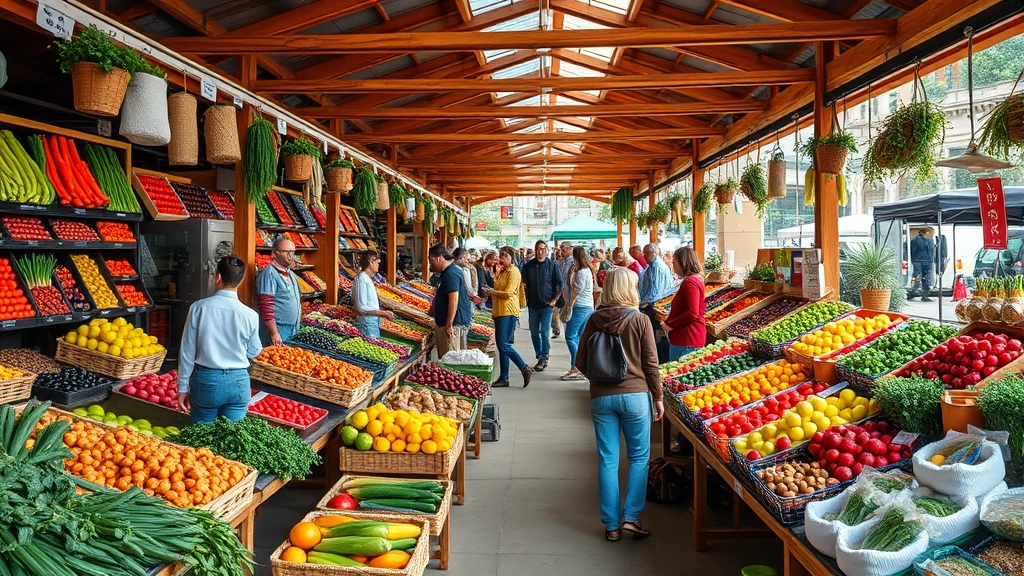 Wide shot of vibrant farmer's market with diverse fresh produce displays, customers browsing colorful fruits and vegetables at wooden vendor stalls, natural daylight, diverse shoppers interacting with produce, professional photography
