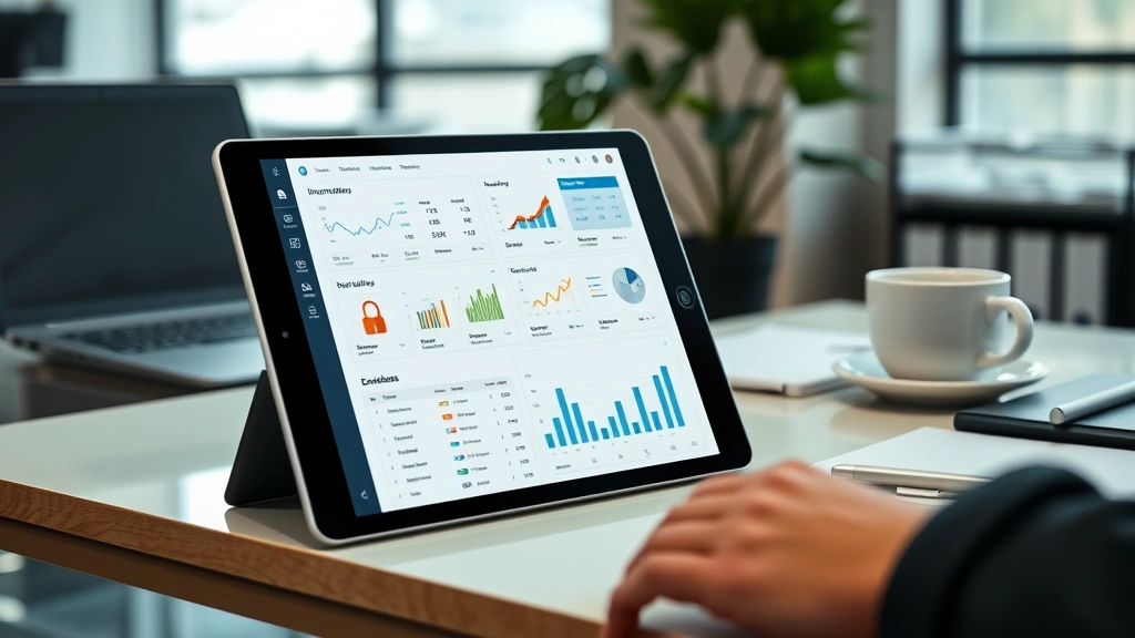 Modern retail technology interface on tablet screen showing inventory management dashboard with charts and product listings, professional business environment, clean desk with coffee cup, digital transformation concept