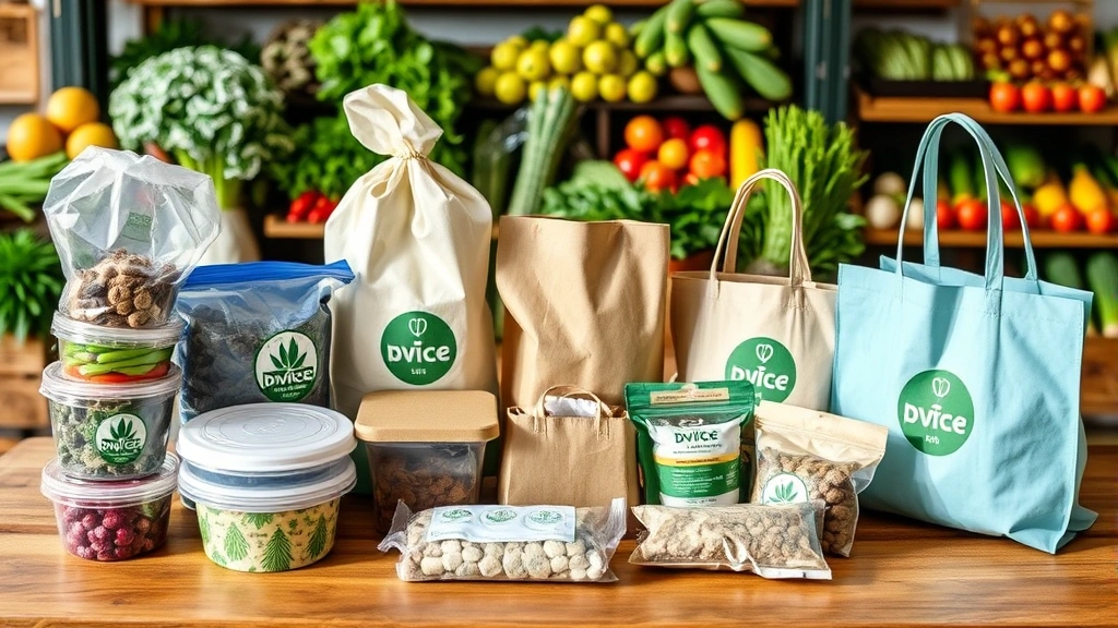 Sustainable packaging display featuring reusable containers, recyclable materials, and eco-friendly shopping bags arranged on wooden table, natural lighting, fresh produce in background, environmental responsibility theme
