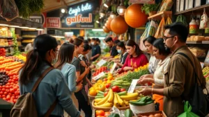 Diverse customers shopping at a vibrant neighborhood market, selecting fresh produce from colorful displays, warm natural lighting, authentic retail environment