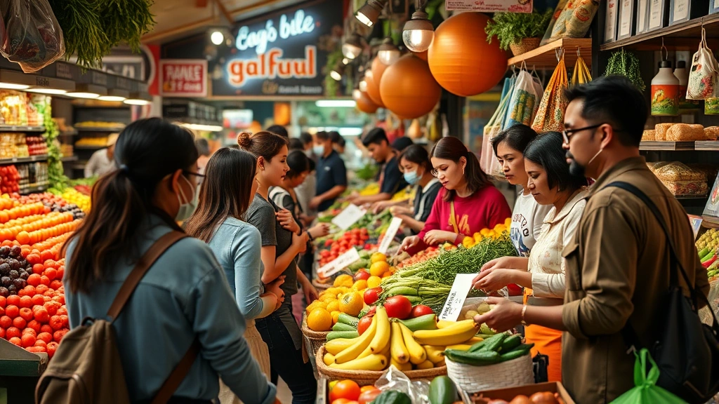 Diverse customers shopping at a vibrant neighborhood market, selecting fresh produce from colorful displays, warm natural lighting, authentic retail environment