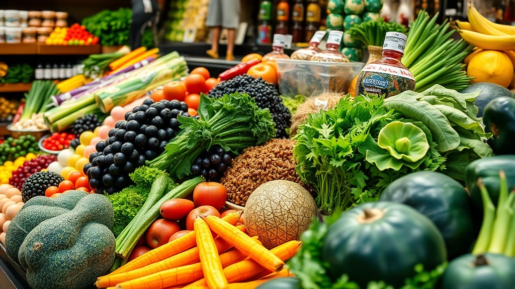 Close-up of fresh international produce and specialty foods arranged on market shelves, diverse cultural products visible, clean modern retail display
