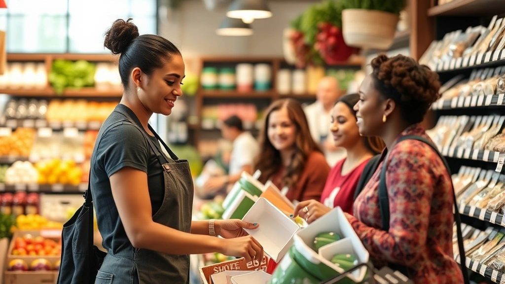 Market employee assisting customer with product selection, warm customer service moment, diverse community represented, professional retail setting