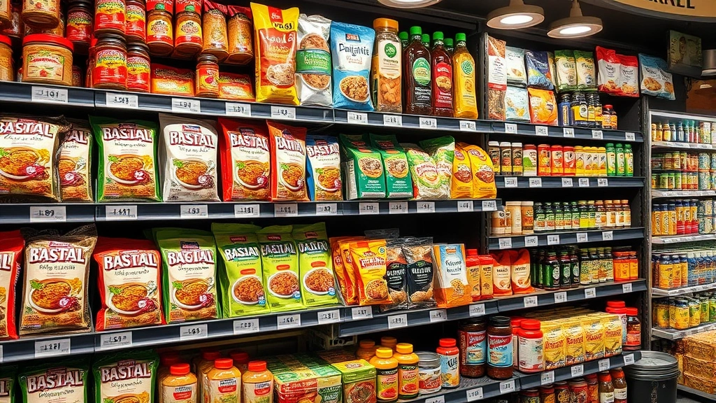 Diverse international products displayed on specialty market shelves including Asian noodles, spices, sauces, and imported goods with vibrant packaging, warm store lighting, photorealistic detail