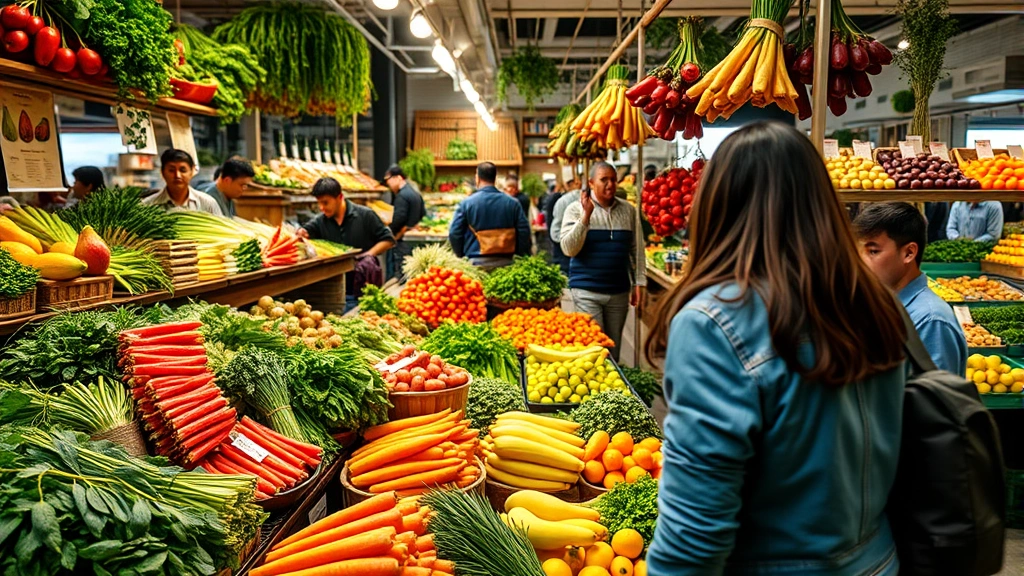 Customer browsing fresh produce section in international market with colorful specialty vegetables, herbs, and exotic fruits arranged professionally, natural lighting, authentic market atmosphere