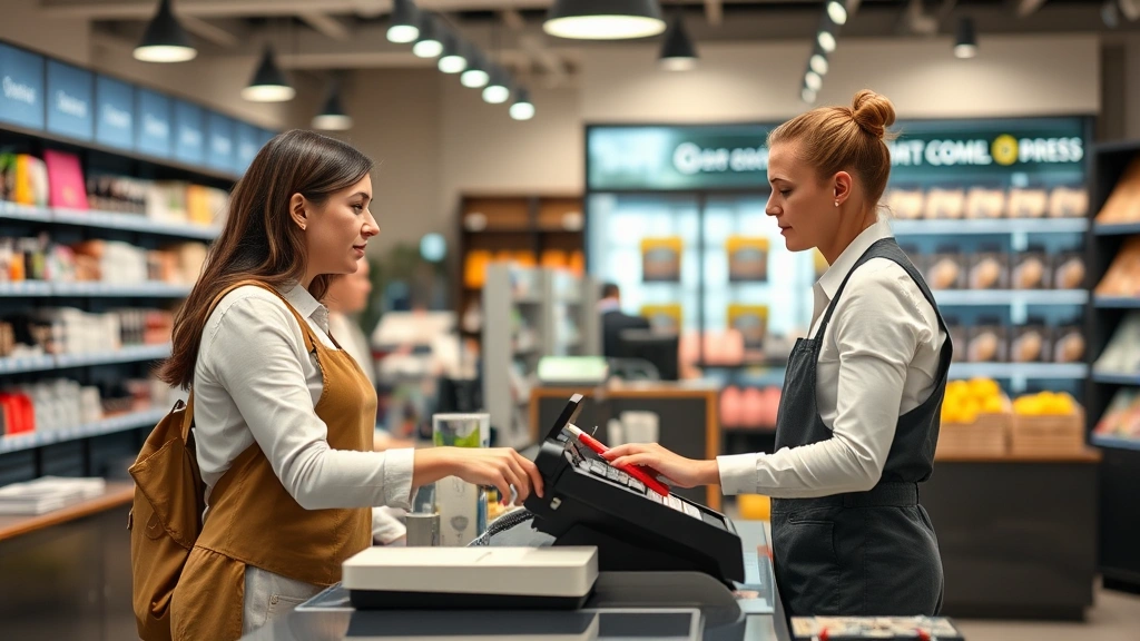 Checkout counter scene with customer making purchase at specialty retailer, diverse staff member assisting, modern payment terminal, organized store background, professional retail environment