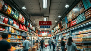 Wide-angle shot of a specialty international market interior with organized shelves of Asian products, warm overhead lighting, diverse customers browsing, authentic retail setting, professional photography, no visible signage with text