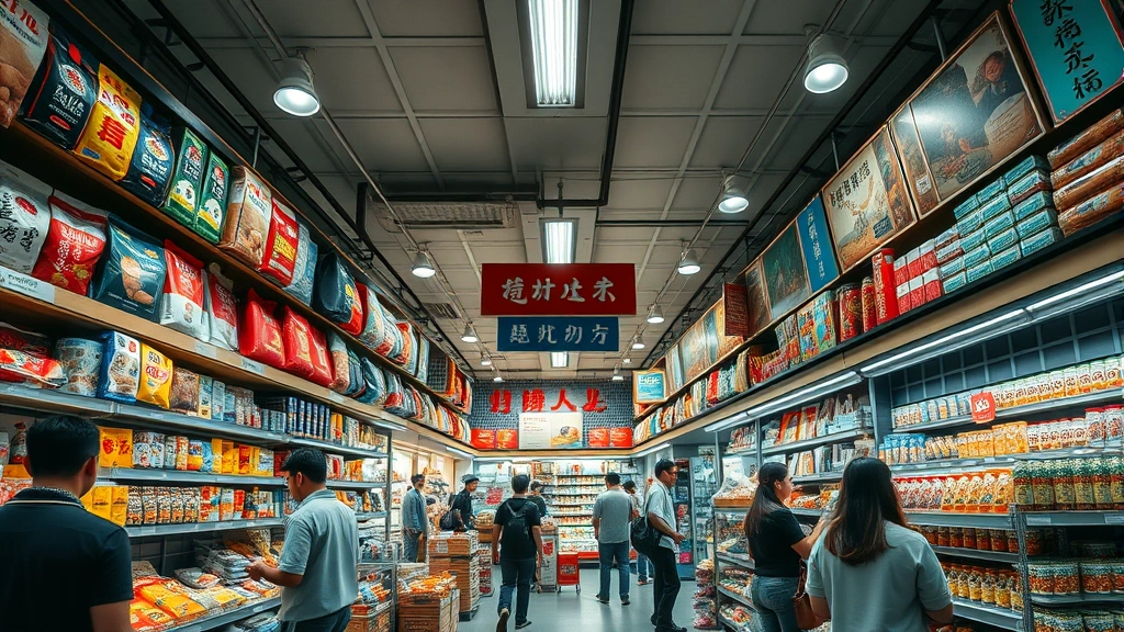 Wide-angle shot of a specialty international market interior with organized shelves of Asian products, warm overhead lighting, diverse customers browsing, authentic retail setting, professional photography, no visible signage with text