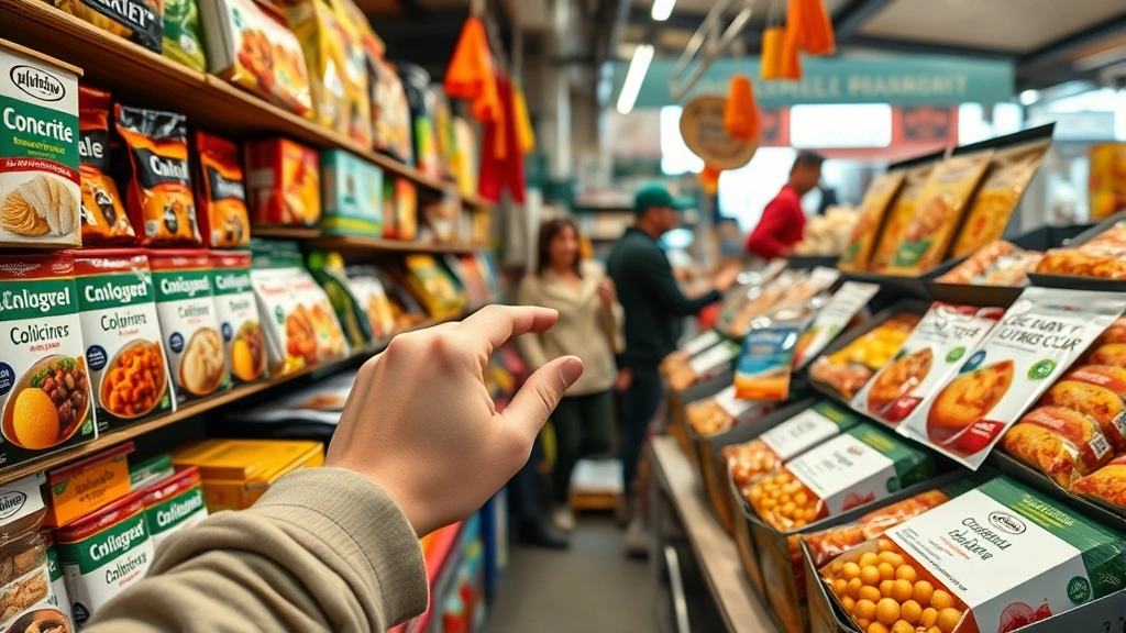 Close-up of hands examining specialty international food products on market shelves, showing product packaging and authentic market atmosphere, natural lighting, cultural authenticity emphasized