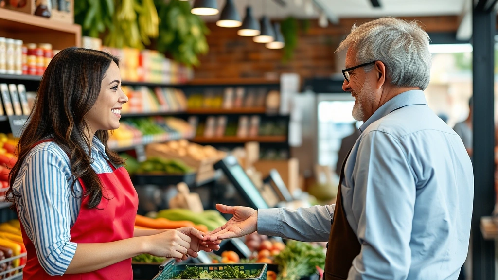 Professional photograph of market staff member providing customer service assistance, showing knowledgeable engagement and community connection in specialty retail setting, warm interpersonal interaction, no visible name tags with text