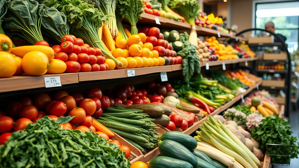 Close-up of fresh produce display with colorful vegetables and fruits arranged neatly on wooden shelves, natural lighting, grocery store setting, high-quality photorealistic image