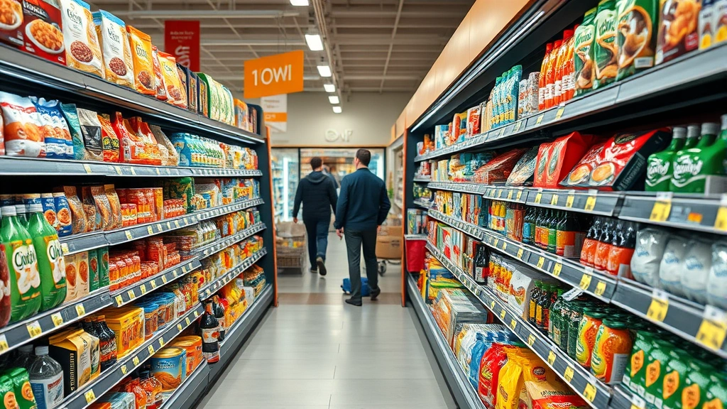 Busy grocery store aisle with well-stocked shelves of packaged goods, diverse products, customers shopping in background, clean professional retail environment, photorealistic