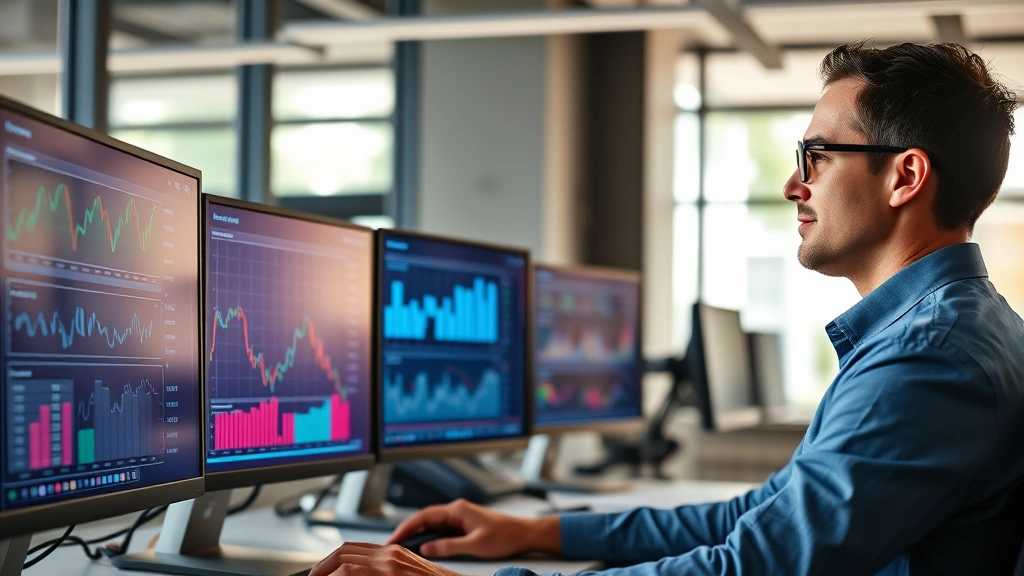 Professional business analyst reviewing market data on multiple computer monitors in modern office, charts and graphs visible, confident expression, natural lighting from windows