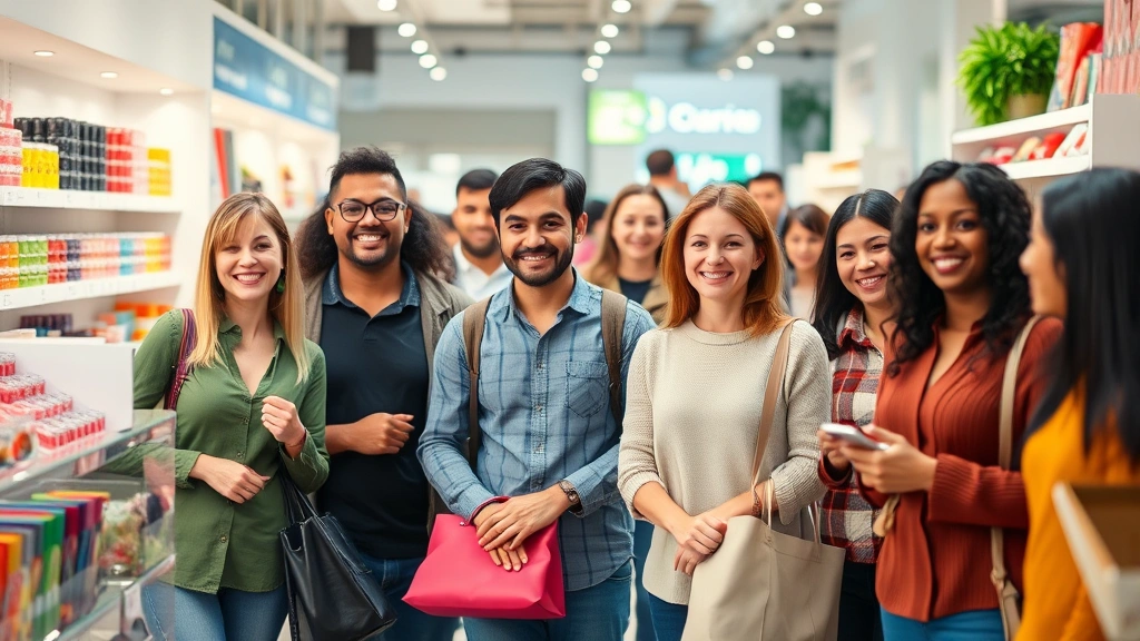 Diverse group of happy customers shopping in modern retail environment, smiling faces, colorful products visible, bright cheerful atmosphere, natural interaction