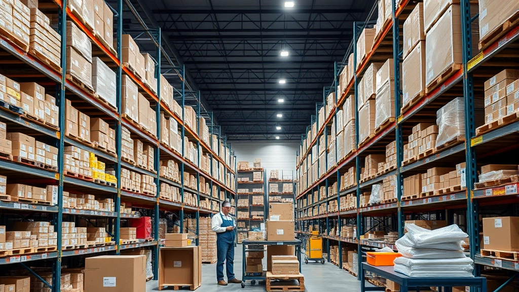 E-commerce fulfillment center with workers managing inventory efficiently, organized shelves, modern technology integration, professional warehouse setting, clear workflow visible