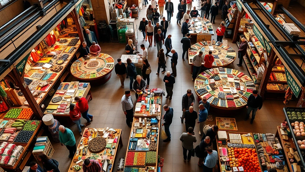 Overhead view of busy marketplace with diverse shoppers browsing vendor stalls displaying artisanal products, fresh goods, and handcrafted items in warm natural lighting with wooden tables and colorful merchandise