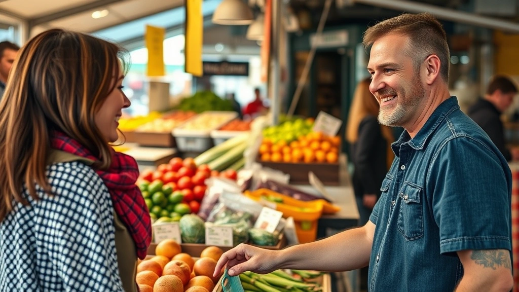 Close-up of vendor smiling while serving customer at marketplace stall, displaying fresh produce and packaged goods, emphasizing personal connection and customer service in retail environment