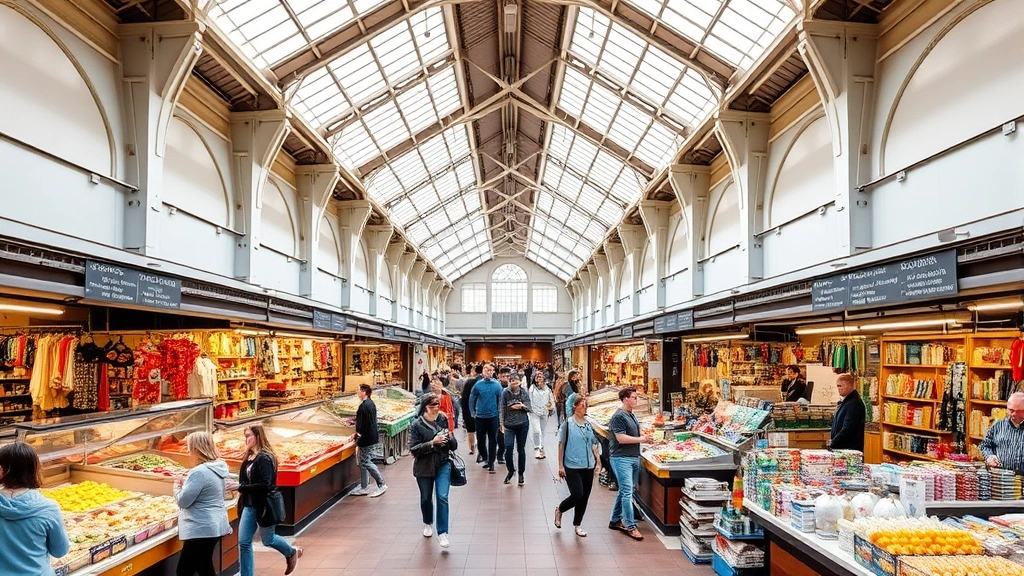 Wide marketplace interior showing multiple vendor stations, shoppers exploring, natural lighting through skylights, diverse product categories visible including food, crafts, and goods on display shelves