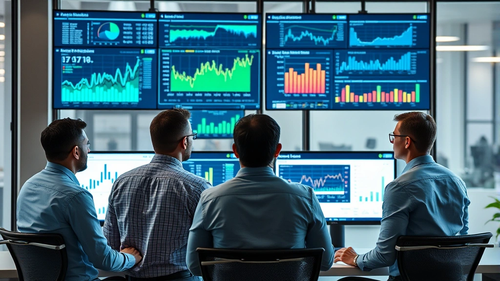 Professional business team reviewing analytics dashboards and market data on multiple screens in modern office environment, focused and collaborative atmosphere