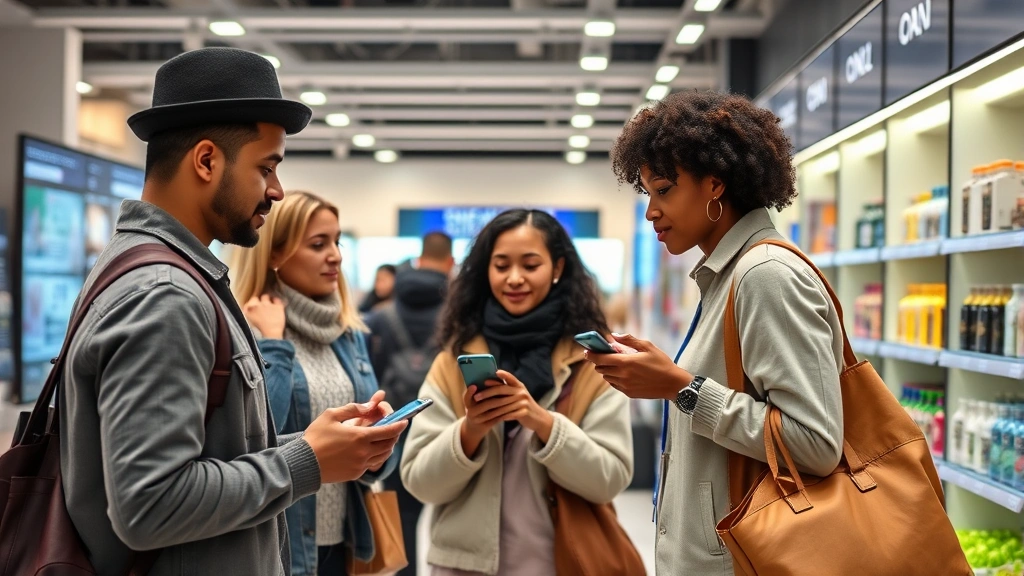 Diverse customers shopping in modern retail environment with digital displays, mobile devices, and seamless checkout technology integrated throughout store