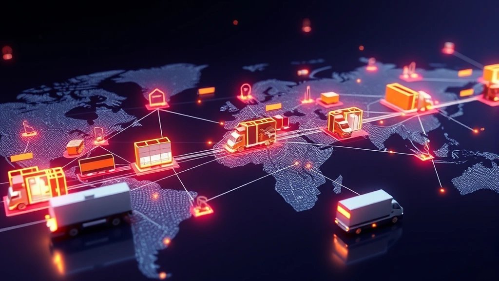Supply chain visualization showing connected logistics network with distribution centers, warehouses, and delivery vehicles in motion across digital map interface