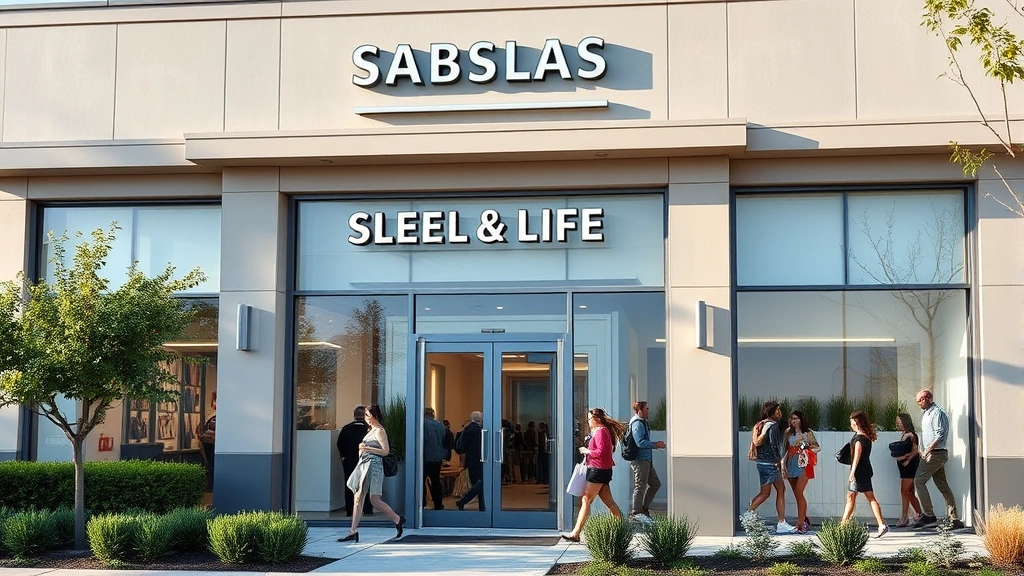 Upscale suburban retail storefront with professional signage, modern glass windows, well-maintained landscaping, and affluent shoppers with shopping bags entering store during daytime