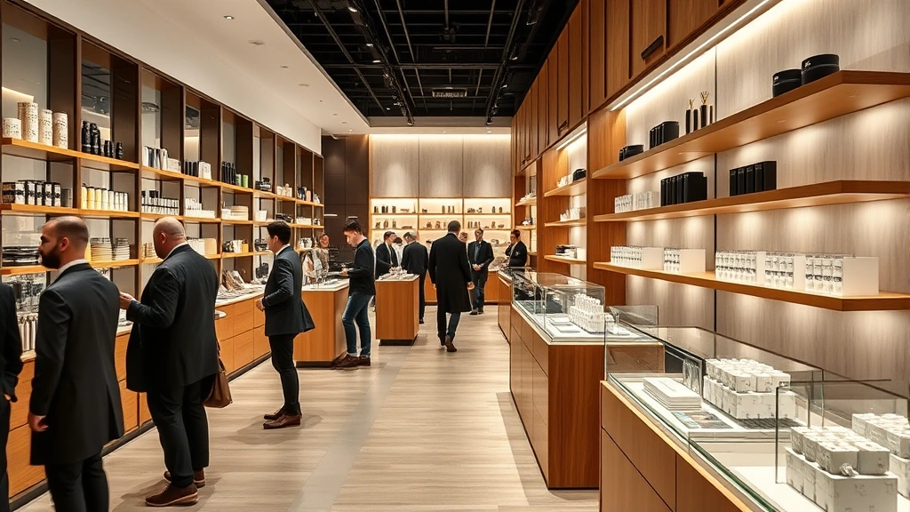 Modern retail interior with premium product displays, wooden shelving, ambient lighting, and well-dressed customers browsing merchandise in sophisticated store environment