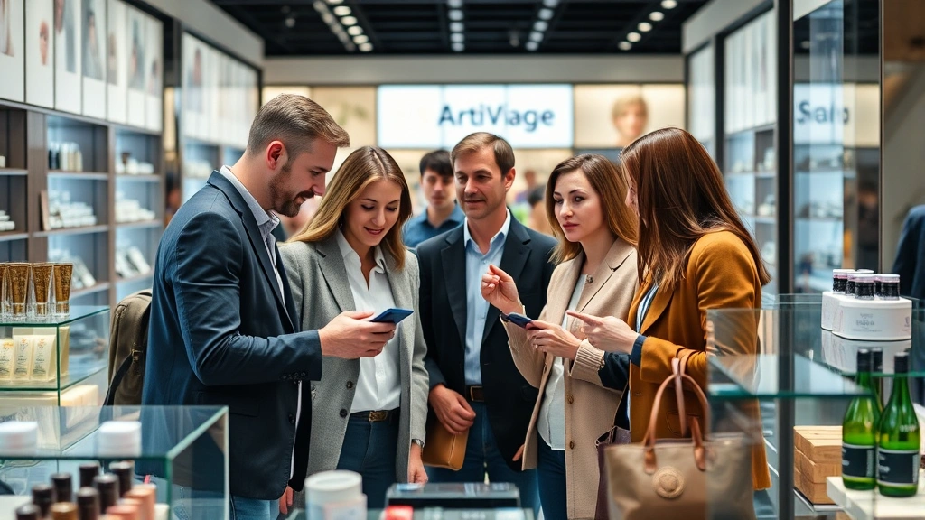Diverse group of affluent consumers in modern retail setting examining premium products, with focus on customer service interaction and high-quality merchandise displays