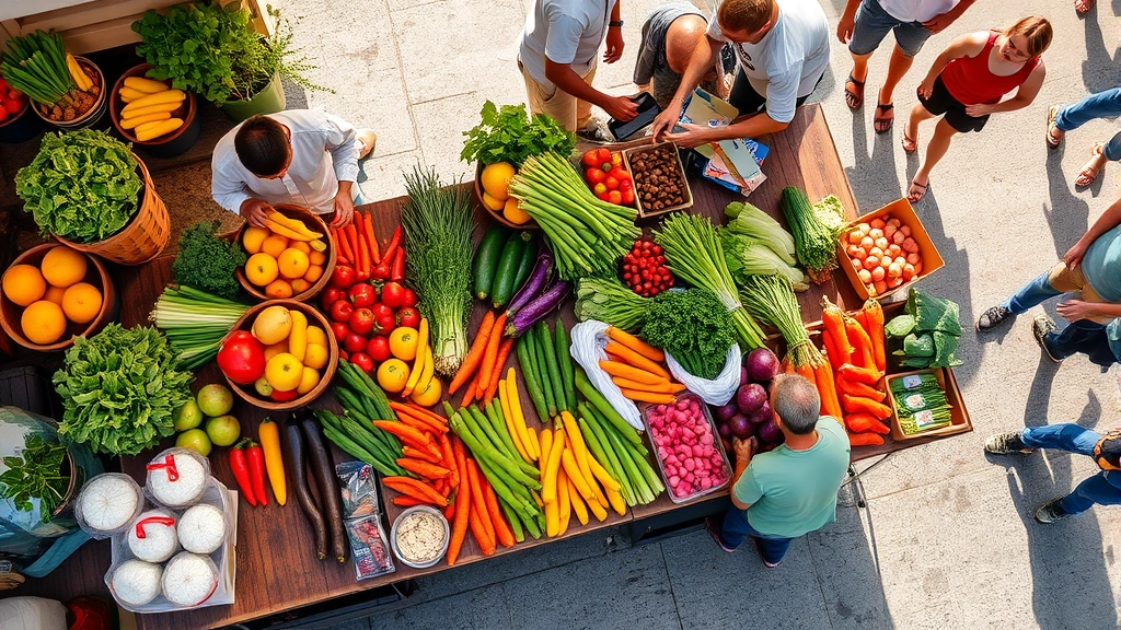 Overhead view of colorful fresh produce arranged at outdoor farmers market stall with vendor serving customers, natural morning sunlight, vibrant vegetables and fruits displayed on wooden table, busy market atmosphere with multiple shoppers browsing nearby
