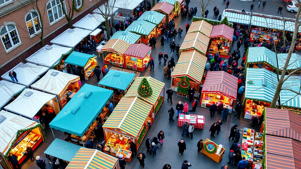 Aerial overhead shot of bustling holiday market in Washington DC with colorful vendor booths, holiday decorations, and crowds of shoppers browsing artisanal goods and crafts, winter daytime setting