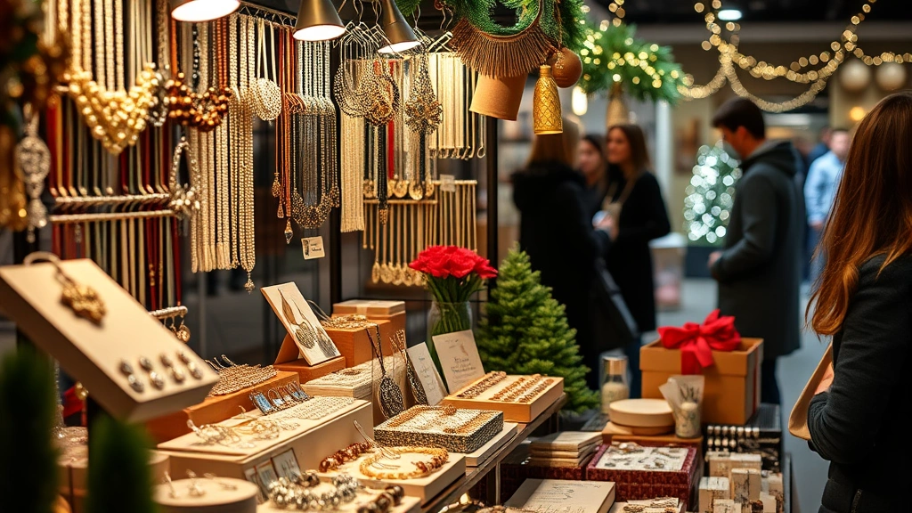 Close-up of vendor booth displaying handmade jewelry, artisanal products, and holiday gifts with professional lighting and organized merchandising, customers browsing in soft bokeh background