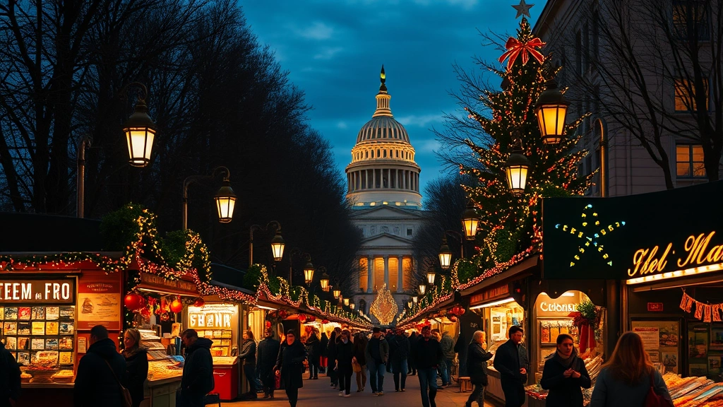 Wide shot of holiday market evening scene with festive lighting, decorated vendor stalls, shoppers carrying bags, decorated trees and garland, DC architecture visible in background, golden hour lighting