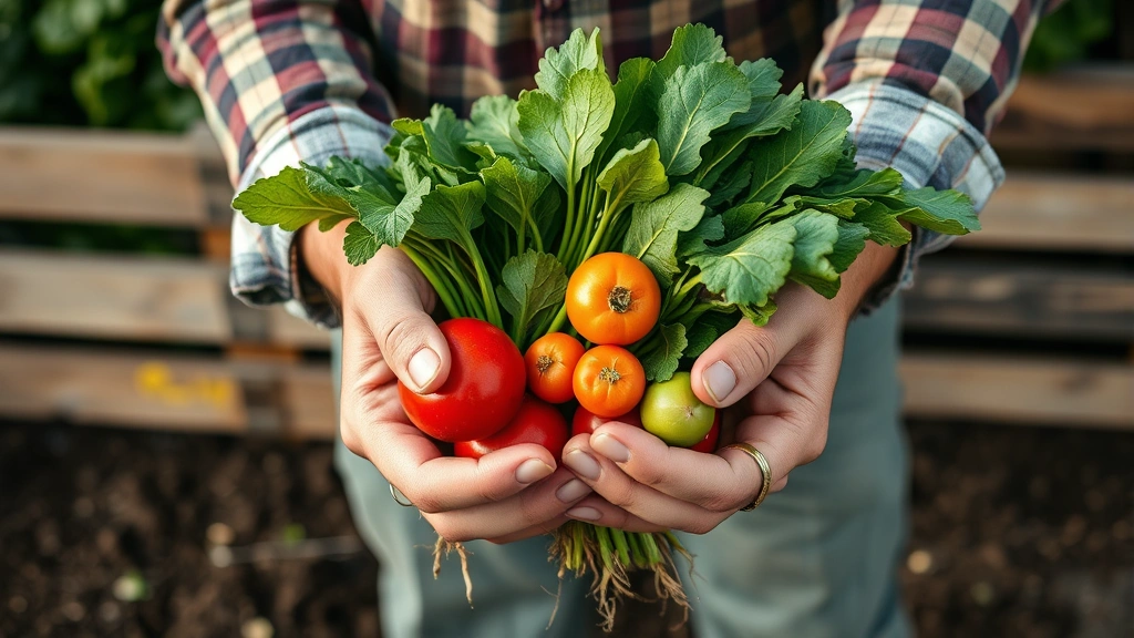Close-up of farmer's hands holding freshly harvested organic vegetables, soil still visible, bundle of seasonal produce, authentic farm-to-table moment, natural lighting, rustic wooden crate background, genuine agricultural connection