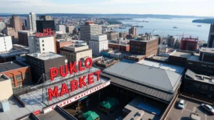 Aerial view of Pike Place Market Seattle rooftop with surrounding downtown buildings, Elliott Bay waterfront visible, bustling market stalls below, natural lighting, daytime shot, urban landscape perspective