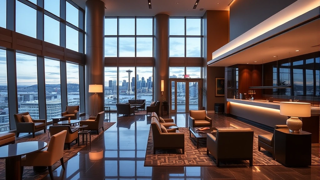 Luxury hotel modern lobby interior with contemporary furnishings, floor-to-ceiling windows showing Seattle skyline, guest concierge desk, elegant lighting, upscale hospitality setting, professional business environment