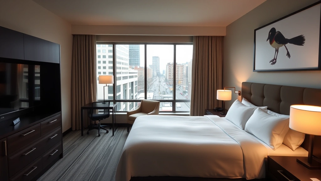 Cozy mid-range hotel room with queen bed, modern décor, large windows overlooking Seattle street view, hotel amenities visible, warm lighting, comfortable guest accommodation space, business travel friendly