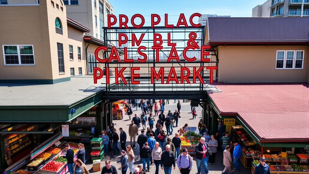 Overhead view of Pike Place Market's main entrance with colorful vendor stalls, fresh produce displays, and crowds of shoppers exploring the historic marketplace on a sunny Seattle day