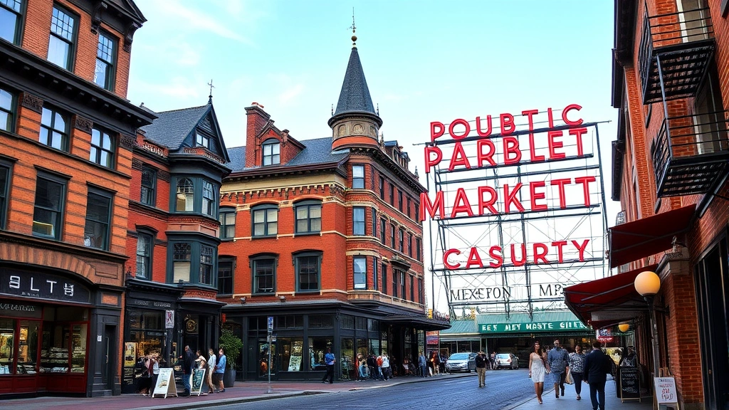 Historic Seattle streetscape showing Victorian architecture of Pioneer Square neighborhood adjacent to Pike Place, featuring brick buildings, art galleries, and pedestrians exploring cobblestone streets with market district visible in background