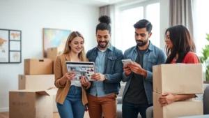 Diverse group of young professionals reviewing apartment listings on tablet in modern living room with moving boxes, natural lighting, contemporary urban apartment setting