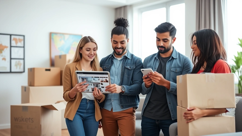Diverse group of young professionals reviewing apartment listings on tablet in modern living room with moving boxes, natural lighting, contemporary urban apartment setting