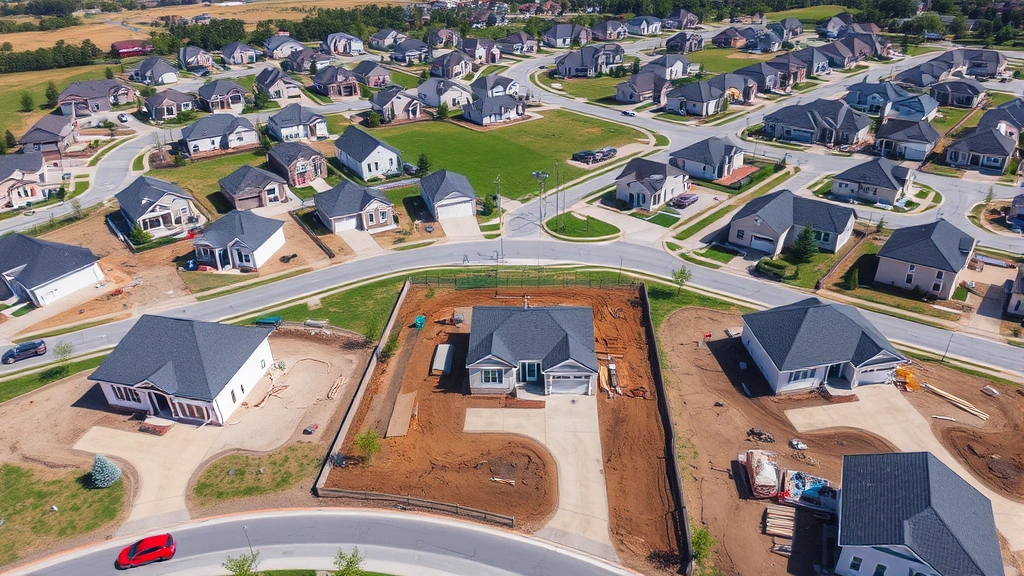Aerial view of suburban neighborhood with new residential construction, multiple single-family homes under development, construction equipment visible, clear daytime photography