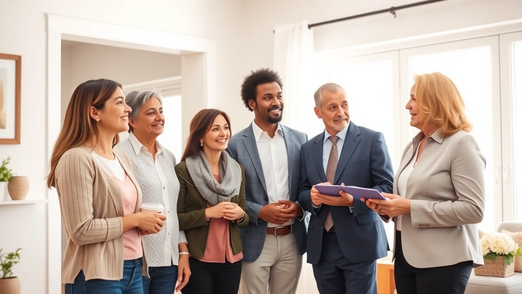 Multi-generational family of different ethnicities viewing property with real estate agent in bright, welcoming home interior, professional business attire, warm natural lighting