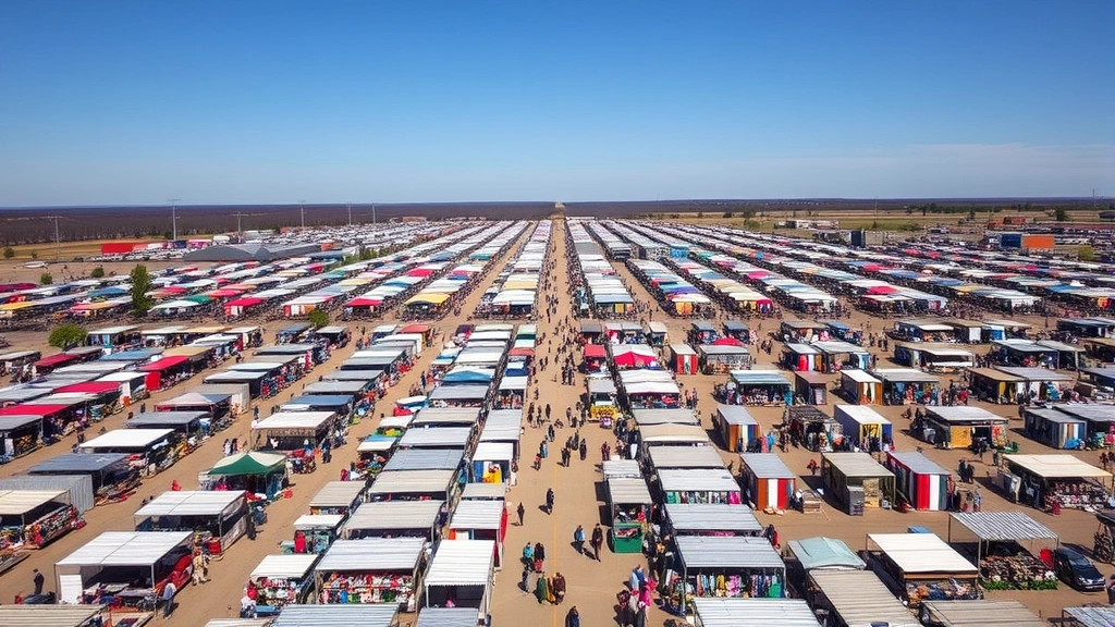 Aerial view of expansive outdoor flea market with hundreds of vendor booths arranged in organized rows, customers browsing merchandise between stalls, natural sunlight, Texas landscape visible in background