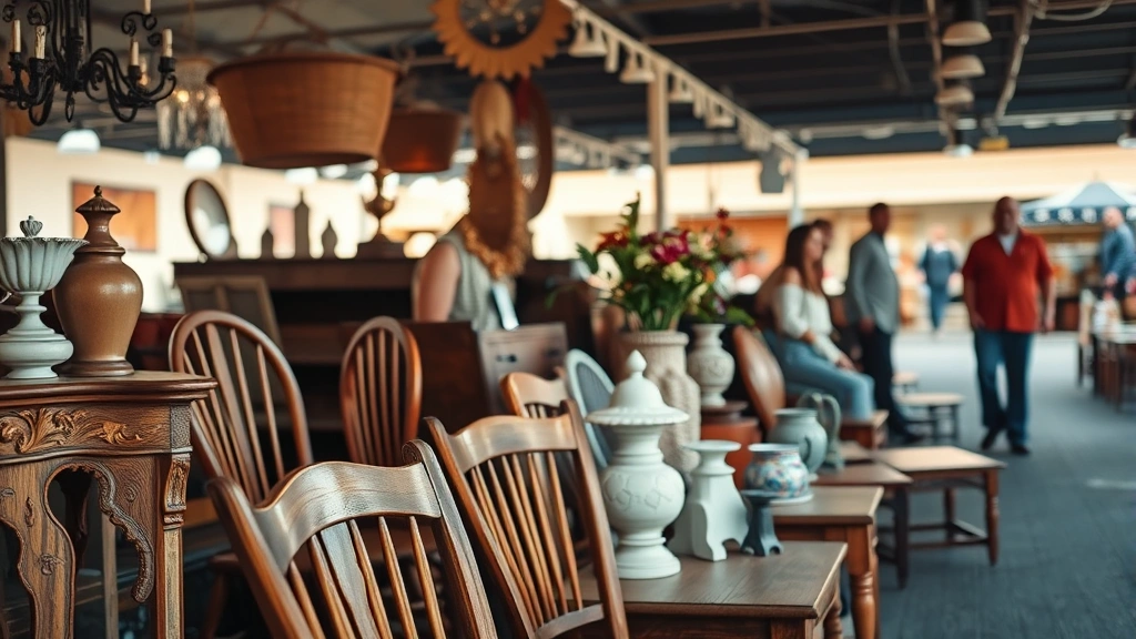 Close-up of vintage furniture pieces including wooden chairs, tables, and decorative items displayed on vendor booth with price tags visible from distance, warm natural lighting, shoppers in soft focus background
