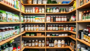 Organized pantry shelves displaying diverse organic packaged foods, supplements, and natural household products in natural lighting, representing quality merchandise curation and variety selection