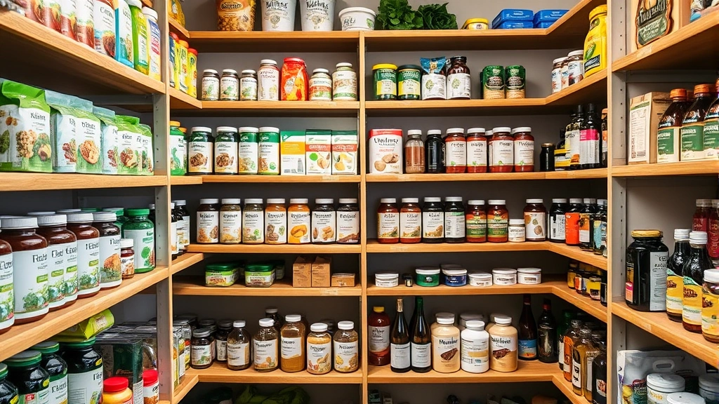 Organized pantry shelves displaying diverse organic packaged foods, supplements, and natural household products in natural lighting, representing quality merchandise curation and variety selection