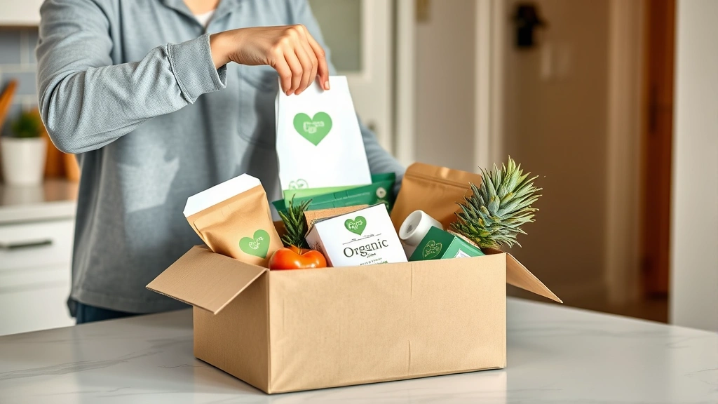 Person unpacking eco-friendly packaged groceries from delivery box at home kitchen counter, showing sustainable packaging materials and fresh organic products arriving at doorstep