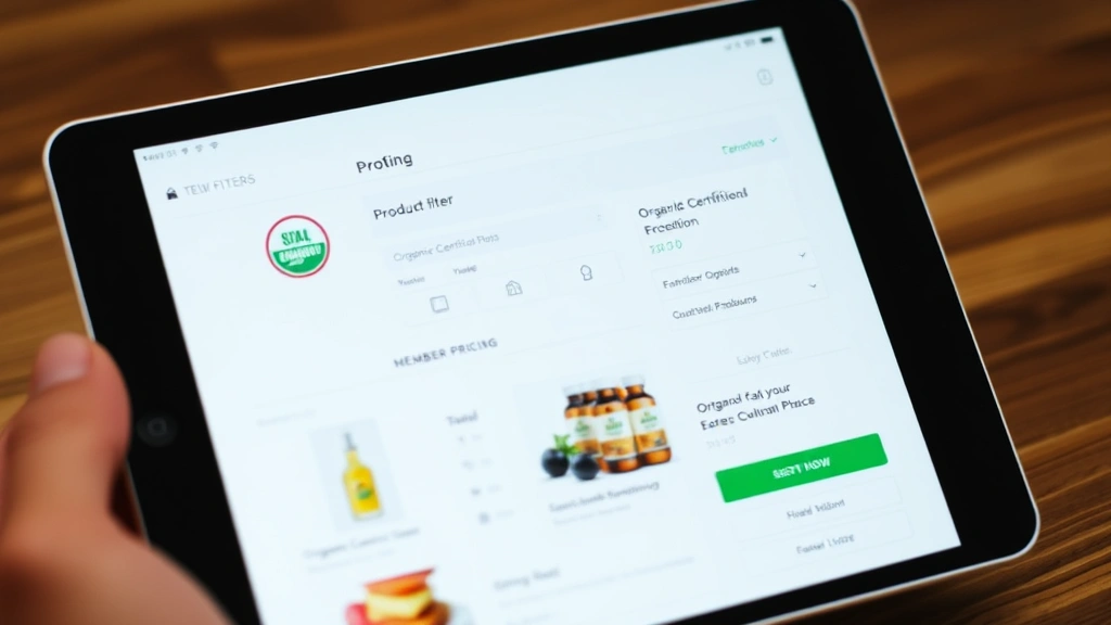 Digital tablet screen showing e-commerce shopping interface with product filters, organic certification badges, and member pricing discounts highlighted, representing user experience and platform features