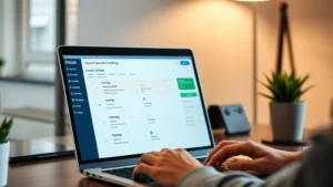 Professional workspace with laptop displaying account settings dashboard, minimalist design, warm lighting, person's hands on keyboard, subscription management interface visible on screen, modern office environment