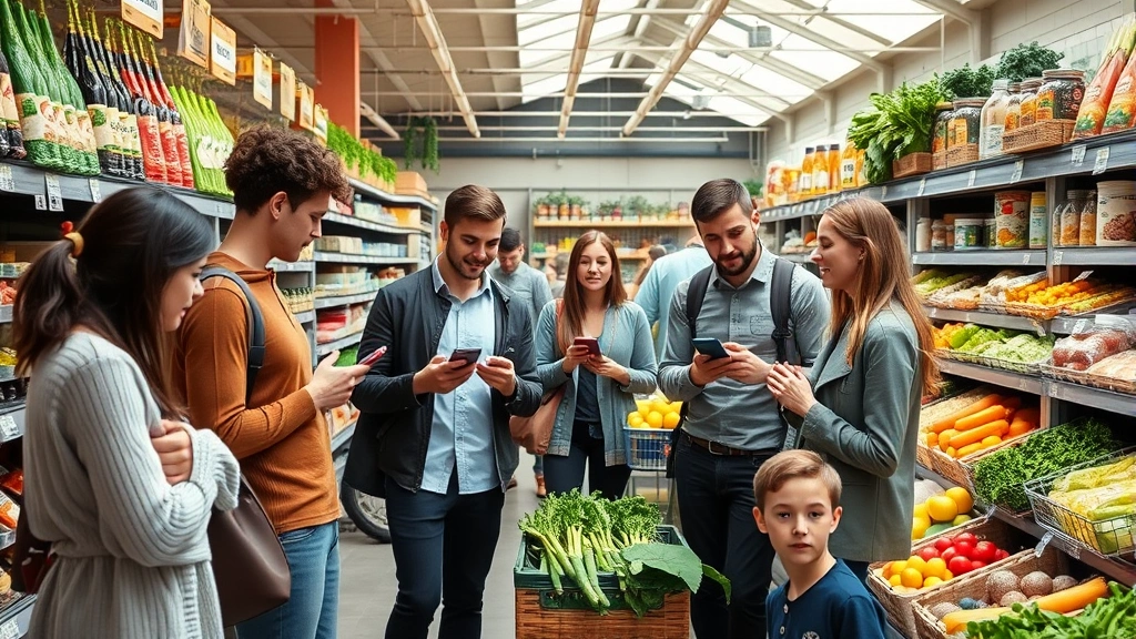 Diverse group of people shopping in upscale organic grocery store, examining fresh produce and packaged items on shelves, natural lighting from skylights, clean modern store layout, customers comparing products with smartphones